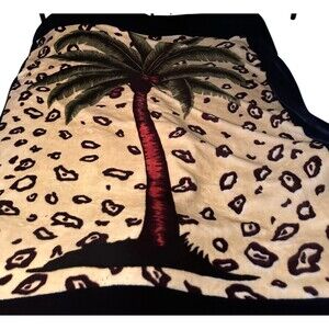 Ann’s Trading Company VTG Super Soft Fleece Blanket Palm Tree Navy Trim Queen